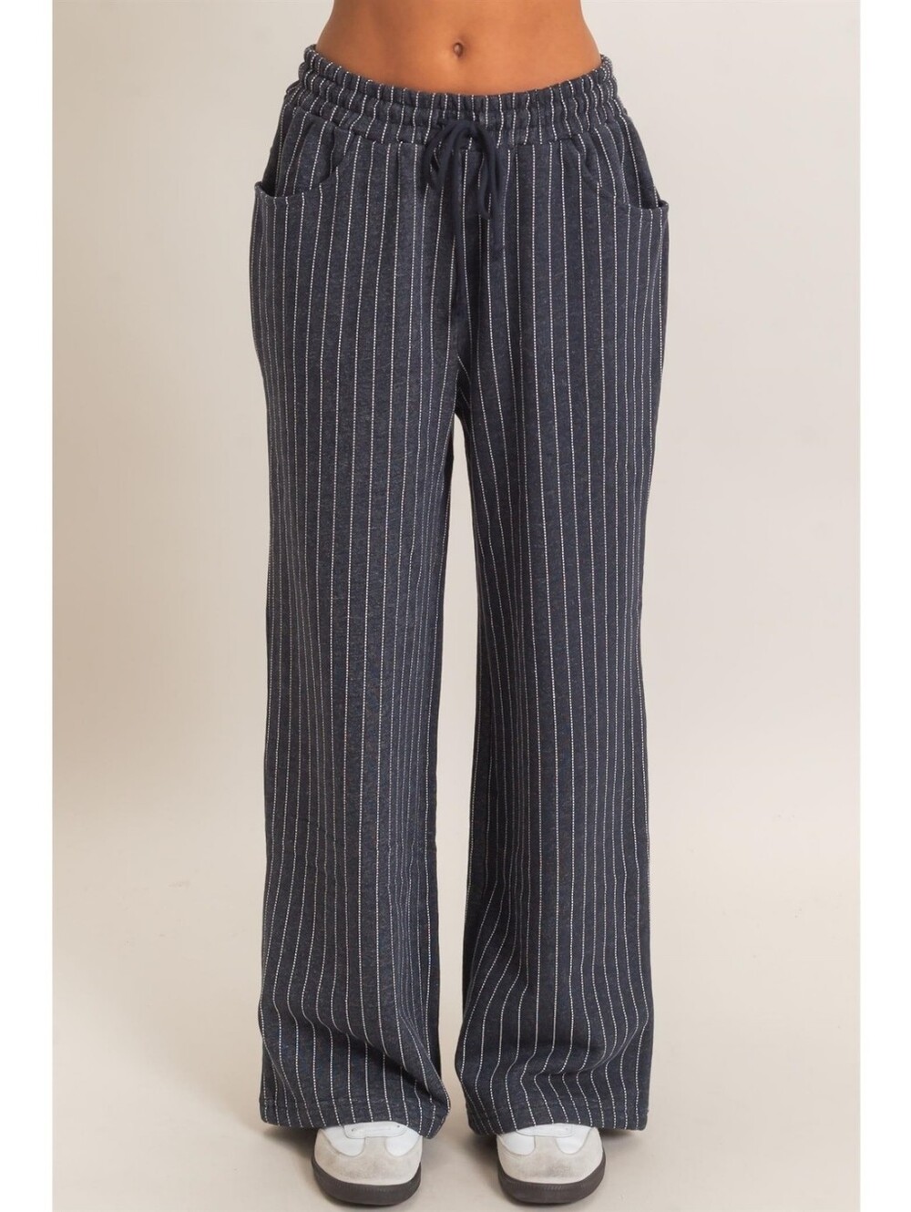 Pinstripe Wide Leg French Terry Pants - Navy